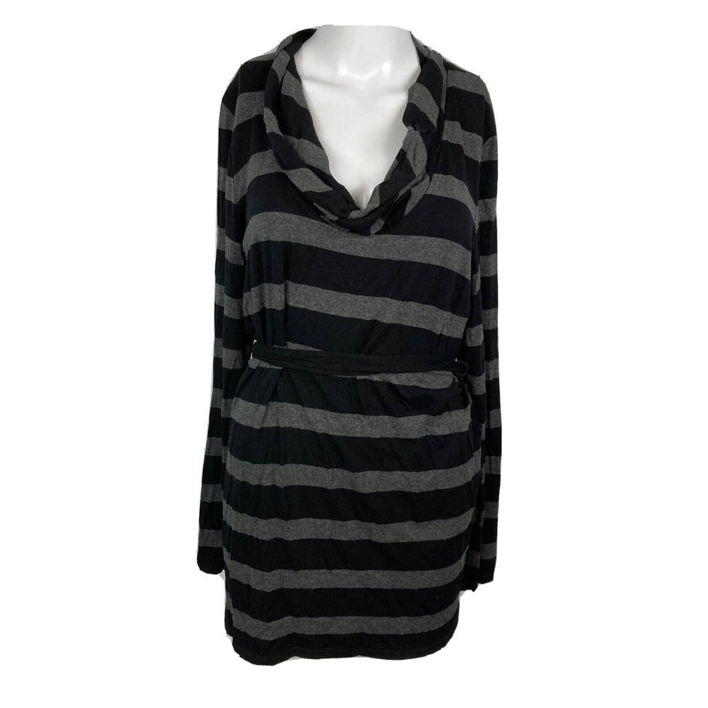 White House Black Market Shirt Womens Sz L Gray Black Stripe Cowl Neck Tie Tunic